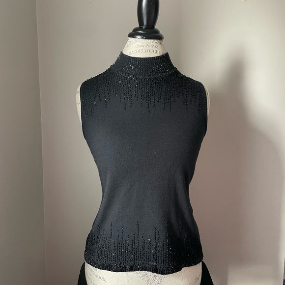 Angora rabbit cotton black beaded sleeveless mock neck sweater tank top - Picture 2 of 7